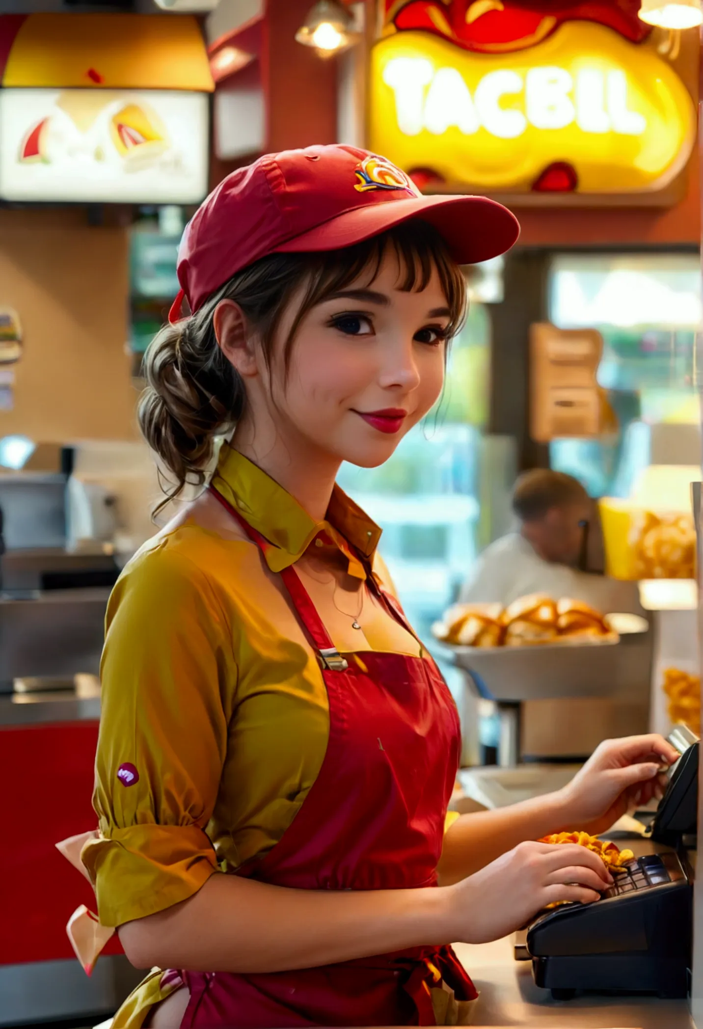 an android fast food worker.(cute naked woman, apron and cap, awkward happy poses), is working at the cash register in &#39;taco...