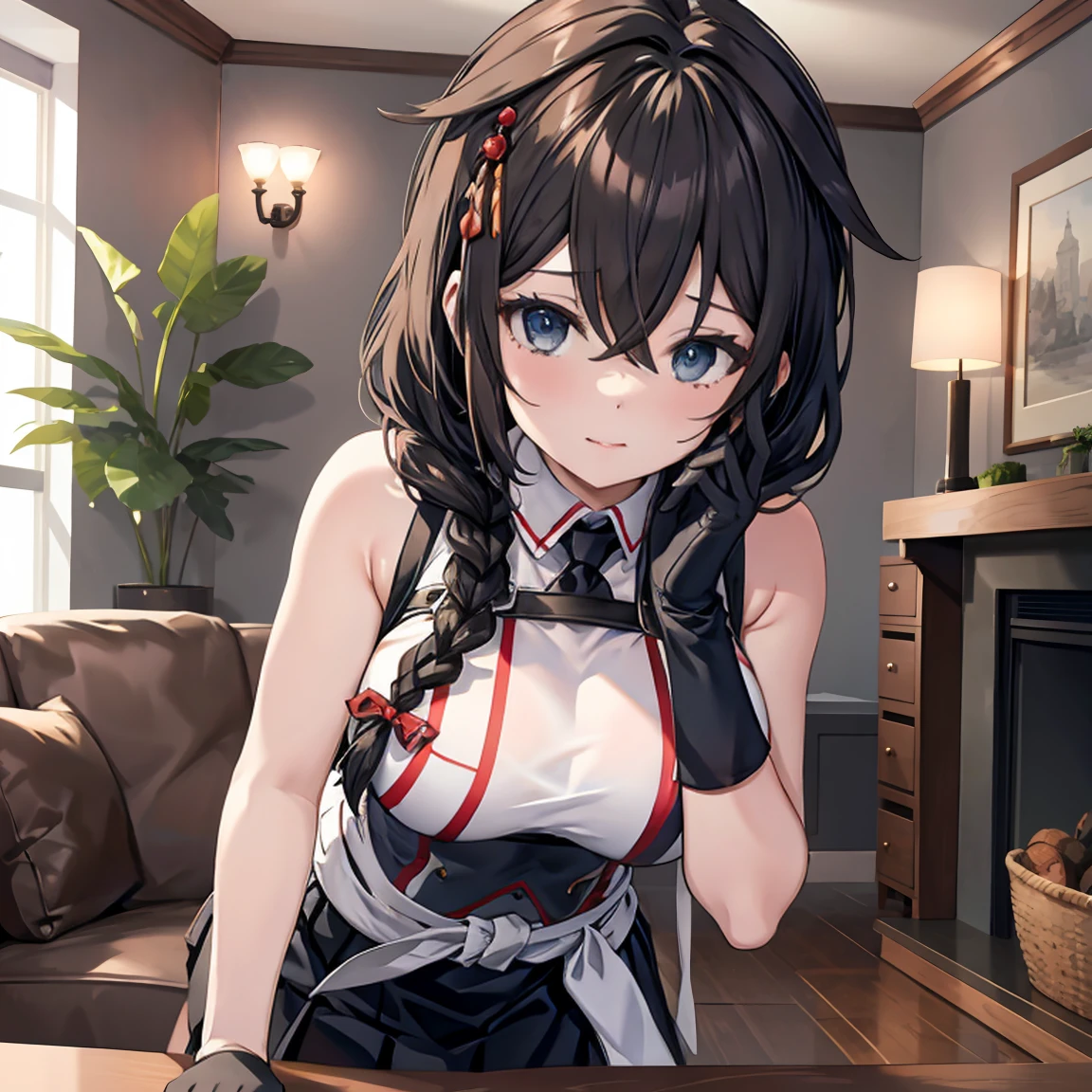 Shigure Kai 3 KanColle Sleeveless Black Fingerless Gloves Black Skirt Braids 8K High Resolution Very Detailed Eyes Very Detailed Face、Highly detailed body、Very fine skin, Very elaborate hair ornament, Precisely shaped body and hands 1 person Living room in a private house Bewitching expression Big bust