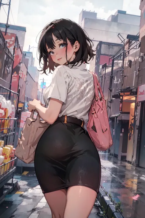 1lady,solo,cute,looking back from behind,casual shirt pencil skirt pantyhose,belted skirt,black hair,blush kind smile