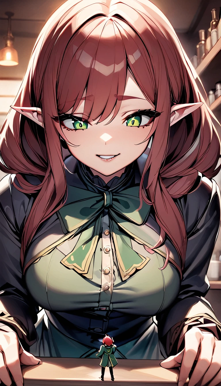 A very tiny guy with dark hair standing on top of a bar counter with a few glasses visible behind him. In front of him is the face of a green eyes, red-headed elf lady, much bigger than him. Her chin touches the same bar counter he stands on. POV is sideways, showing the side of the elf's face and the tiny guy's body. The tiny guy, who is not an elf, looks at her scared, while she looks at him with mischief in her eyes and a wide, terrifying smile on her lips. Only the tiny guy's body and the elf's face are visible. Detailed expressions, depth of field, work of art, best quality, absurdly detailed.