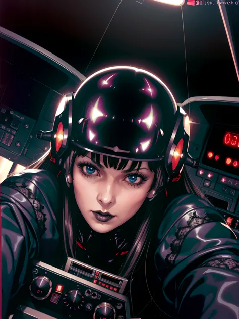 (((gothic vampire piloting) in gothic spacecraft)), (((retro anime))), ((from below)), ((120 fov)), ((((gothic)) control panels)...