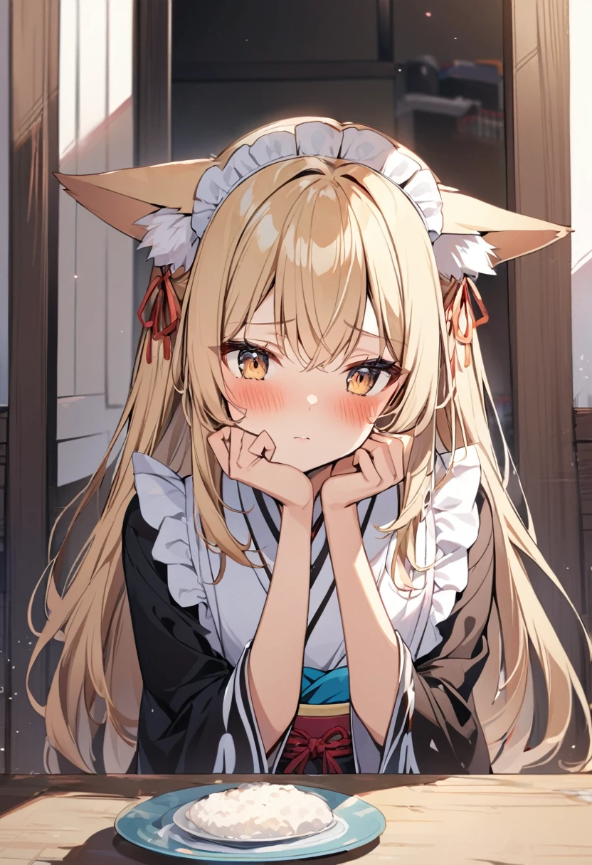 One girl, correct, Animal ears, Blonde, Fox Ears, Long Hair, blush, alone, kimono, Maid&#39;s Headdress, Yellow Eyes, White Background, Hair between the eyes, Young Girl,[[[Realistic]]],Lips parted,Shiny,Shiny skin,fox-hirume,An unparalleled masterpiece,Intricate details, One girl,キツネのYoung Girl,Fox Ears,Blonde,narrow,correct,kimono,kimono,Shrine maiden,Ofuda, (Very small breasts:1.2), ,Multiple tails,Yellow Eyes, night