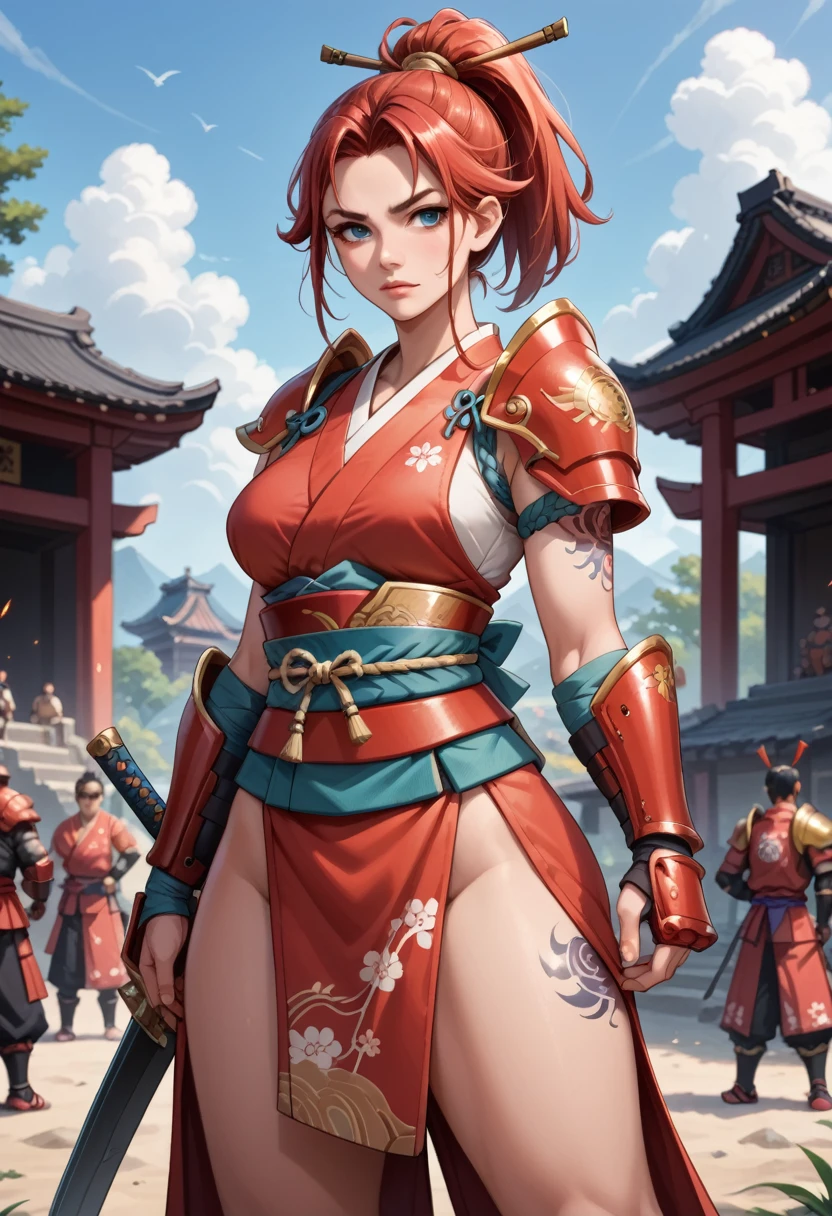 score_9, score_8_en haut, score_7_en haut, score_6_en haut, score_5_en haut, score_4_en haut,samurai woman in armure rouge standing in a battlefield,armure rouge,queue de cheval,Japonais,fantaisie,se concentrer uniquement,épique,tatouages