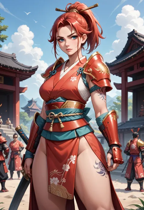 score_9, score_8_up, score_7_up, score_6_up, score_5_up, score_4_up,samurai woman in red armor standing in a battlefield,red arm...