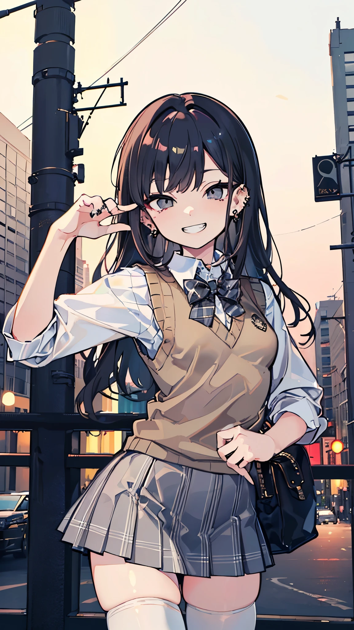 masterpiece、Highest quality、Very detailed))、One girl、Black Hair、Black Hair、Long Hair、Grey Eyes、evil smile、((Grin))、((lots of piercings))、((Small breasts))、((White collared shirt))、((A bow tie))、((gray sweater vest))、((gray plaid skirt))、((micro miniskirt))、((thighhighs))、Cowboy Shot、Downtown background