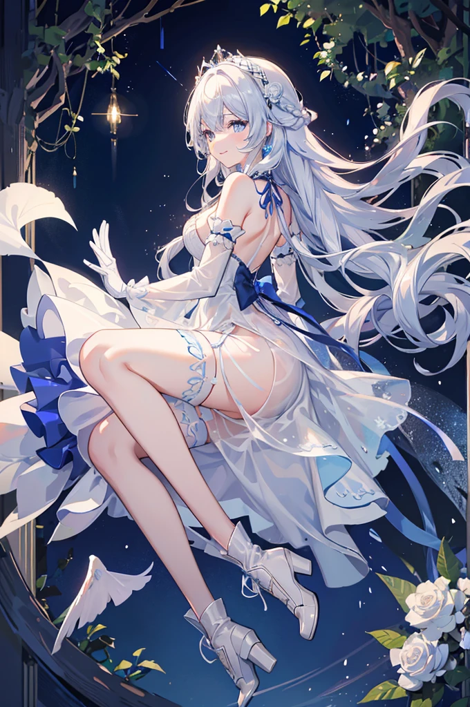 A woman with white hair and blue eyes、adult、Long, fluffy wavy hair、Braiding、Wearing hair ornaments、Smiling、Princess、White gloves、Blue sheer dress、See-through、race、ribbon、Decorations such as roses and drops、The dress is short in the front and long in the back、Garter Ring、short boots、Fantasy