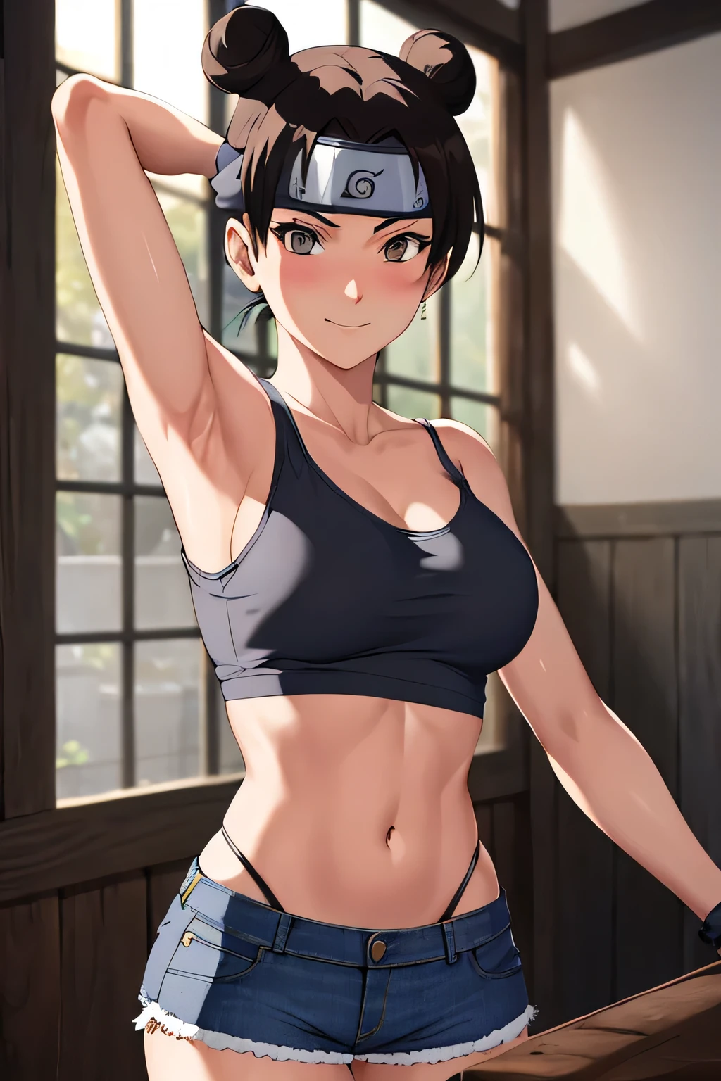 masterpiece, absurdres , (intricate details), (colorful),cinematic lighting,bust shot,extremely detailed CG unity 8k wallpaper,tenten\(shippuden\), 1girl, solo, ((tank top, denim shorts)), (large breasts), hand on hip, forehead protector, konohagakure symbol, headband,  looking at viewer, (village street), charming smile, ((slim waist)), ((blushing)), armpit, full body