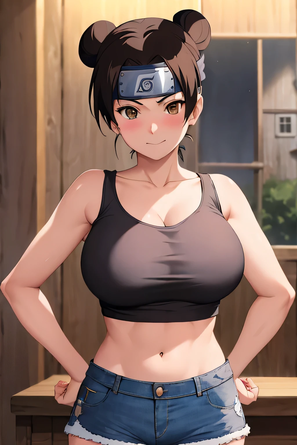 masterpiece, absurdres , (intricate details), (colorful),cinematic lighting,bust shot,extremely detailed CG unity 8k wallpaper,tenten\(shippuden\), 1girl, solo, ((tank top, denim shorts)), (Very Big breasts), hand on hip, forehead protector, konohagakure symbol, headband,  looking at viewer, (village street), charming smile, ((slim waist)), ((blushing)), armpit, full body