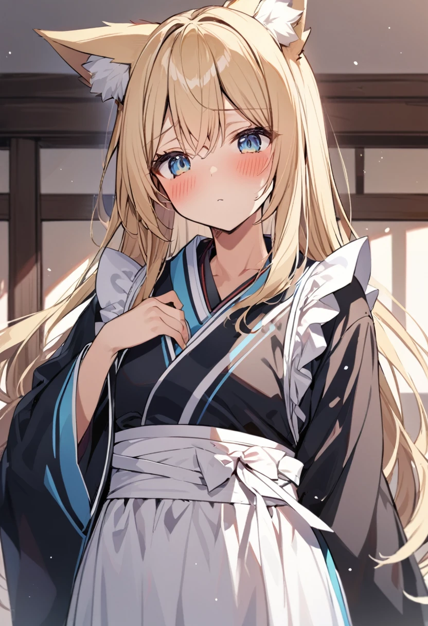 One girl, correct, Animal ears, Blonde, Fox Ears, Long Hair, blush, alone, kimono, Maid&#39;s Headdress, Yellow Eyes, White Background, Hair between the eyes, Young Girl,[[[Realistic]]],Lips parted,Shiny,Shiny skin,fox-hirume,An unparalleled masterpiece,Intricate details, One girl,キツネのYoung Girl,Fox Ears,Blonde,narrow,correct,kimono,kimono,Shrine maiden,Ofuda, (Very small breasts:1.2), ,Multiple tails,Yellow Eyes, night, A big smile,