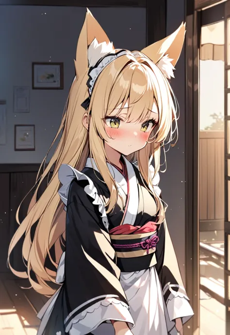 one girl, correct, animal ears, blonde, fox ears, long hair, blush, alone, kimono, maid&#39;s headdress, yellow eyes, white back...