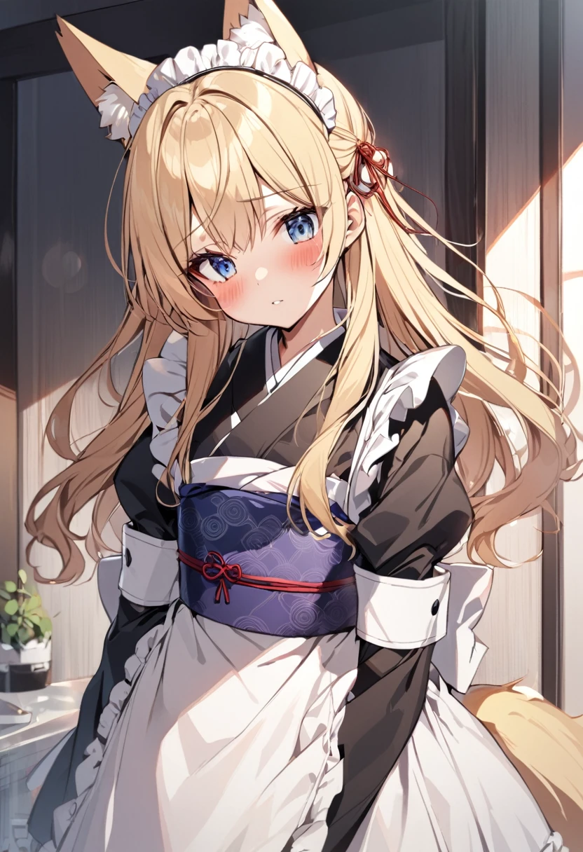 One girl, correct, Animal ears, Blonde, Fox Ears, Long Hair, blush, alone, kimono, Maid&#39;s Headdress, Yellow Eyes, White Background, Hair between the eyes, Young Girl,[[[Realistic]]],Shiny,Shiny skin,fox-hirume,An unparalleled masterpiece,Intricate details, One girl,キツネのYoung Girl,Fox Ears,Blonde,narrow,correct,kimono,kimono,Shrine maiden,Ofuda, (Very small breasts:1.2), ,Multiple tails,Yellow Eyes, night, A big smile,