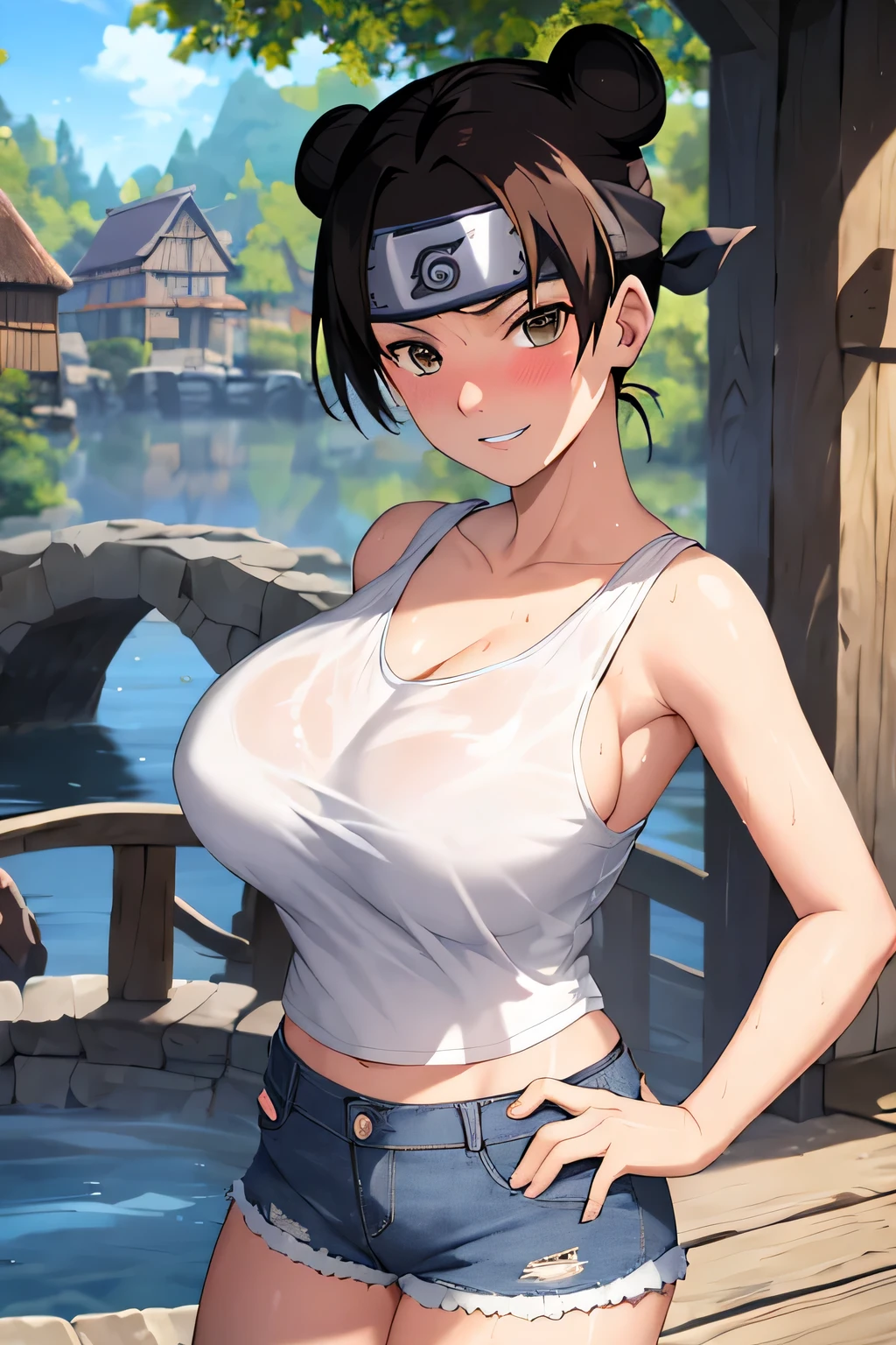 masterpiece, absurdres , (intricate details), (colorful),cinematic lighting,bust shot,extremely detailed CG unity 8k wallpaper,tenten\(shippuden\), 1girl, solo, ((tank top, denim shorts)), (Very Big breasts), hand on hip, forehead protector, Wet Clothes,konohagakure symbol, headband,  looking at viewer, (village street), charming smile, ((slim waist)), ((blushing)), armpit, full body