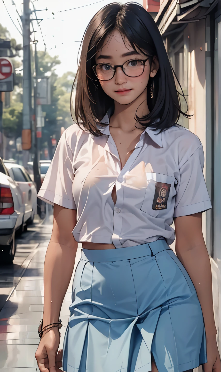 18 years old girl, (((at park))), (transparent white shirt), (wet shirt), (mini skirt), (light blue skirt), RAW photo, (photorealistic:1.37, realistic), highly detailed CG unified 8K wallpapers, 1girl, ((slender body:1)), (small breasts:1.3), looking at viewer, ((straight from front)), (HQ skin:1.2), (clean skin:1.2), 8k uhd, dslr, soft lighting, high quality, film grain, Fujifilm XT3, (full body:0.8) , tokyolagii , (bold glasses), full body in, perfect body, two legs, long legs, naval, (wide waist:1.2), (big tigh:1.3), (cleavage:0.9), sad, blushing