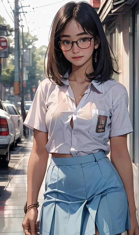 18 years old girl, (((at park))), (transparent white shirt), (wet shirt), (mini skirt), (light blue skirt), RAW photo, (photorea...