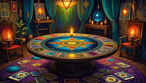 a painting by lisa parker of her interpretation of a deck of tarot cards laid out on an ancient divination table. the scene is i...