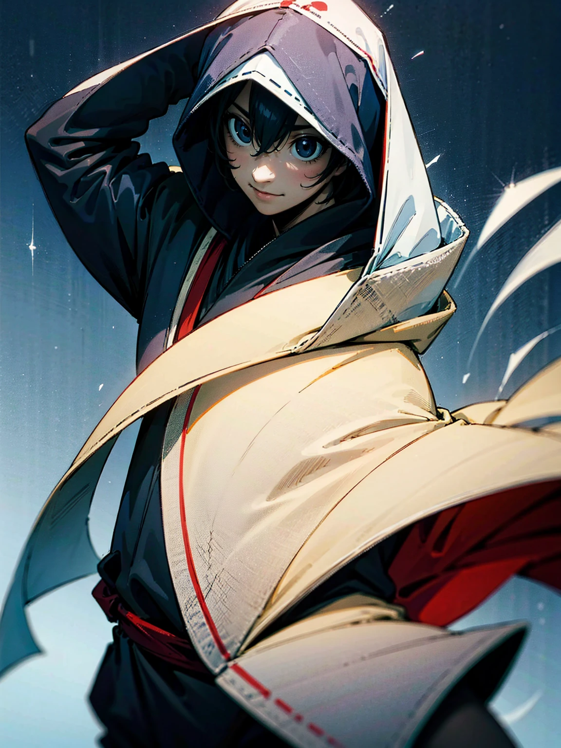 1male, black hair, tied to the back, hood over head, cloak, black yukata, gloves