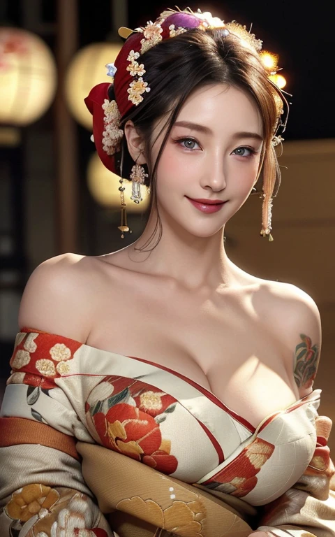 Realistic:1.8、bionde、Italian、Highest quality、1 Girl、,Glowing Skin、Professional Lighting,Realistic、Perfect body、super high quality、Ultra-high Realistic image quality、Japanese、(Off-the-shoulder short length floral pattern kimono:1.6)、(Cleavage:1.5)、Tight waist、(bionde:1.3)、(Blurred Background)、(Grin)、、Blue eyes、bionde、Tattoos all over the body、short hair、Hair tied up、Full body photo、Sexy Face、short hair、 A look of complete lust、(((masterpiece)))、((Highest quality))、((超Realistic))、Mature woman、Mature woman、perspective、Very detailed、The perfect temptation、Best image quality、Fine-grained image quality、beautiful、European, woman, French, woman Italian, Italian, smile、Blue eyes、jewelry, Blue eyes, Realistic, High resolution, Soft Light,Hip Up, Glowing Skin, (Detailed face),tattoo, jewelry, , night, bionde, Wavy Hair,Attractive appearance, smile, Perfect Style, Perfect balance,