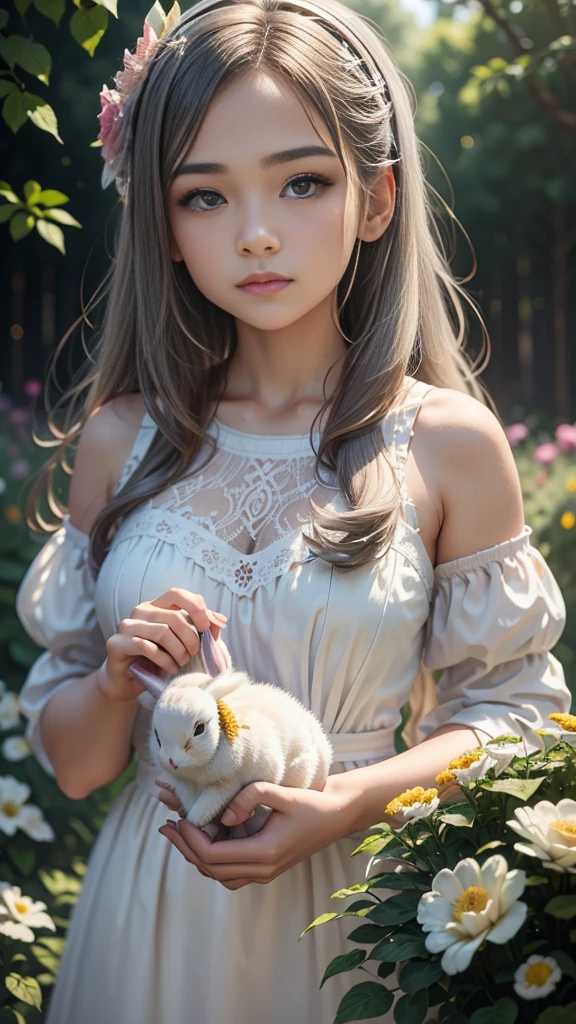 Detail, realism, 4k, 15-year-old girl, face detail, large yellow eyes, plump lips, upturned nose, gray hair with pink strands, in a white dress, with a rabbit in her hands, flowers in the background, white butterflies in the foreground, realistic shooting, depth of field, soft forelight, glow, HDR (muted colors: 1.2), Canon RF 100mm F2.8L Macro IS USM