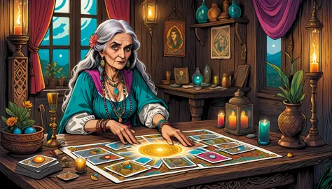 an ultra-highly detailed hand drawn with colored pencils, comic book style illustration depicting an old woman gypsy fortune-tel...