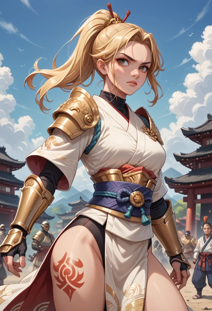 score_9, score_8_up, score_7_up, score_6_up, score_5_up, score_4_up,samurai woman in white kimono,golden white armor standing in a battlefield, golden white armor,ponytail,japanese,fantasy,solo focus,epic,tattoos