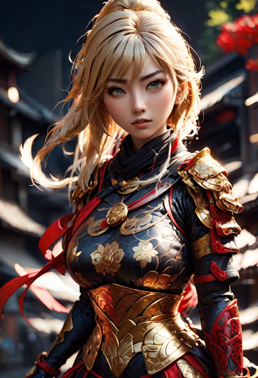 Cinematic shot,anime style, insanely detailed,Detailed illustration,full body lady samurai,big round breasts,colored,detailing,Emphasize red and gold assassin steel, intricate armor detailing,8k resolution,high contrast,cinematic lighting, clean-shaven, high level of detail,Koyoharu Gotouge art style.