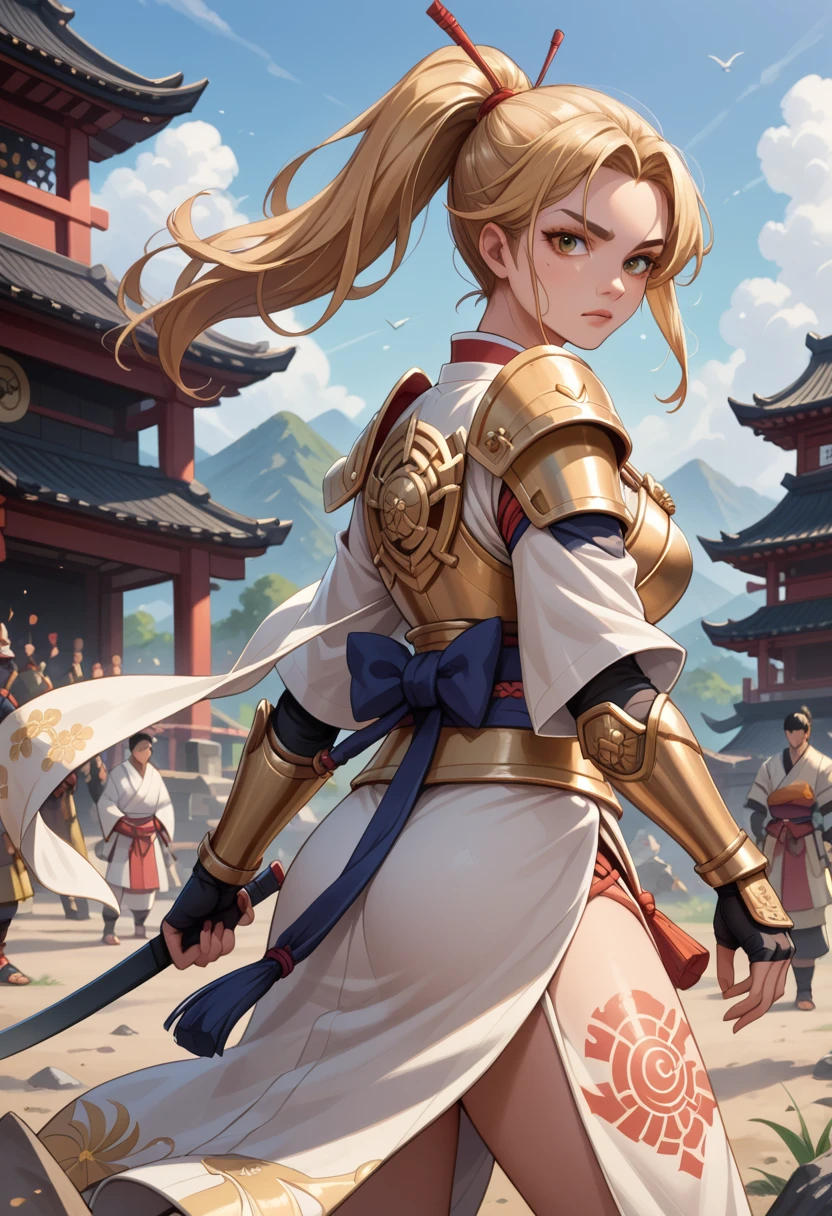 score_9, score_8_up, score_7_up, score_6_up, score_5_up, score_4_up,samurai woman in white kimono,golden white armor standing in a battlefield, golden white armor,ponytail,japanese,fantasy,solo focus,epic,tattoos