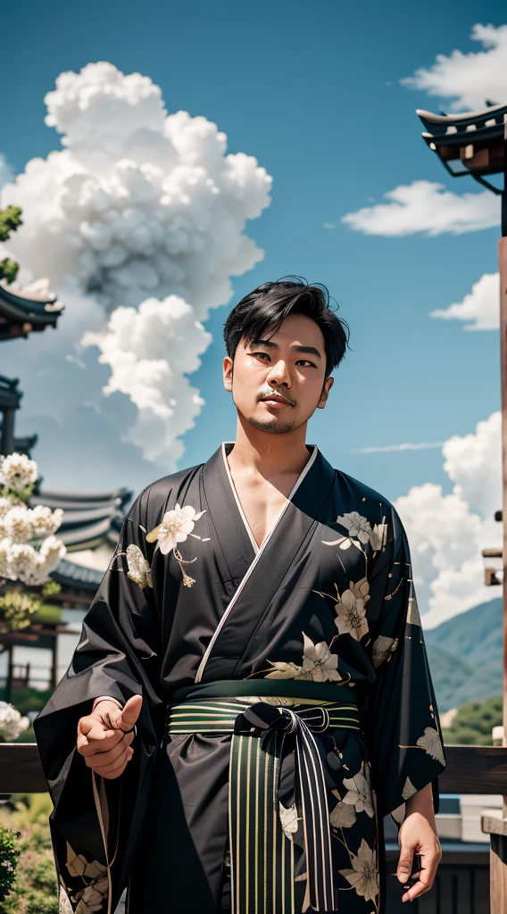 Asian adult man wearing black kimono and green haori with white stripes simulating wind from above