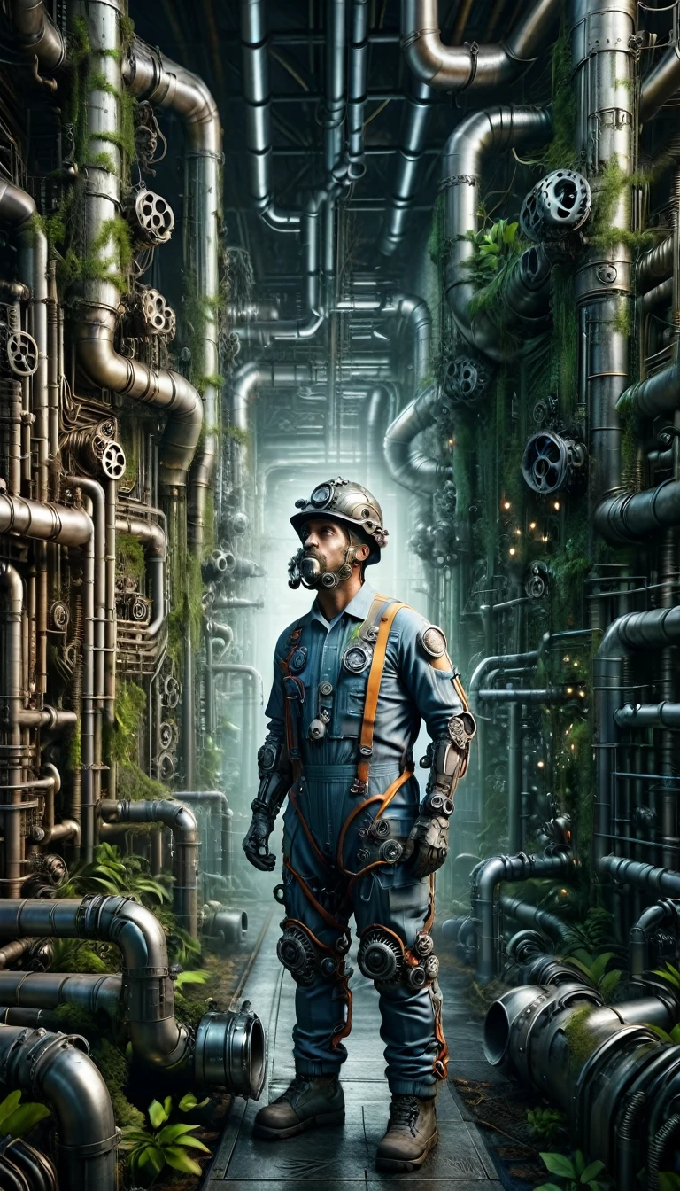 pipe jungle, industrial pipes, architecture made up of pipes and valves, tubular creature, vertical wallpaper, A maze of huge pipes spread high inside the factory, steam blowing out, A worker in jumpsuits and a helmet looks up with a toolbox., in the glow of soft, ambient light