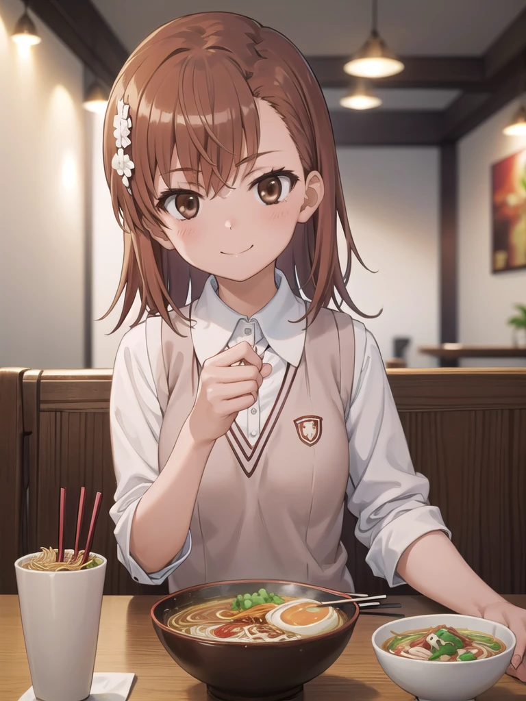 masterpiece, best quality, high resolution, extremely detailed, detailed background, cinematic lighting, 1girl, looking at viewer, solo, 1girl, misaka mikoto, tokiwadai, wear white collared shirt, wear brown vest, bow, looking at viewer,, smile, indoor, eating ramen with chopsticks, ramen bowl ,table, restaurant, Sitting 