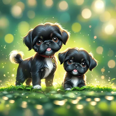 (masterpiece, best quality:1.2), 2 adorable small solid black shih tzu puppies on green background, cute numbersart, lovely and ...