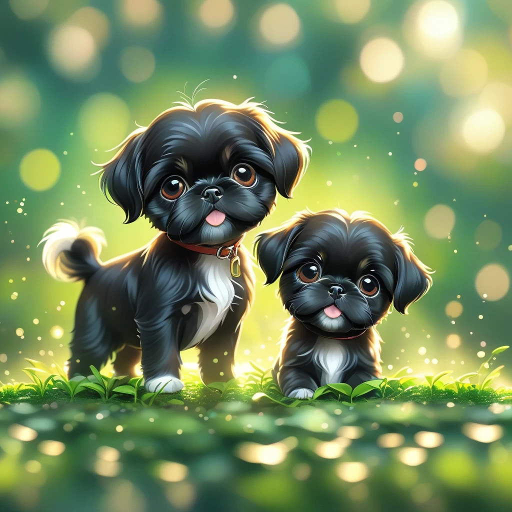 (masterpiece, best quality:1.2), 2 adorable small solid black Shih Tzu puppies on green background, cute numbersArt, Lovely and detailed digital art, 4k hd illustration wallpaper, Cute numbers, Blurred dream illustration, 4k hd wallpaper illustration, Cute 3d rendering, A beautiful artistic illustration, 2d illustration, 2d illustration, Blurred dreamy illustration, Epic Concept Art. bokeh