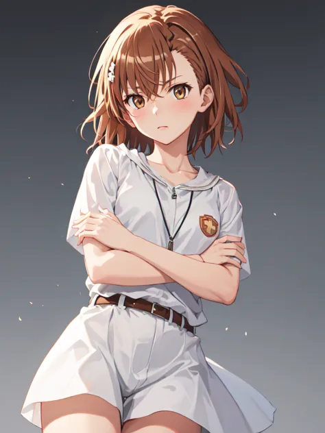 (safe:1.10), best quality, masterpiece, highres, solo, (misaka_mikoto_bluearchive:1.10), crossed arms, cowboy shot, looking at v...