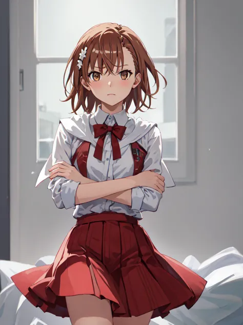 (safe:1.10), best quality, masterpiece, highres, solo, (misaka_mikoto_bluearchive:1.10), crossed arms, cowboy shot, looking at v...