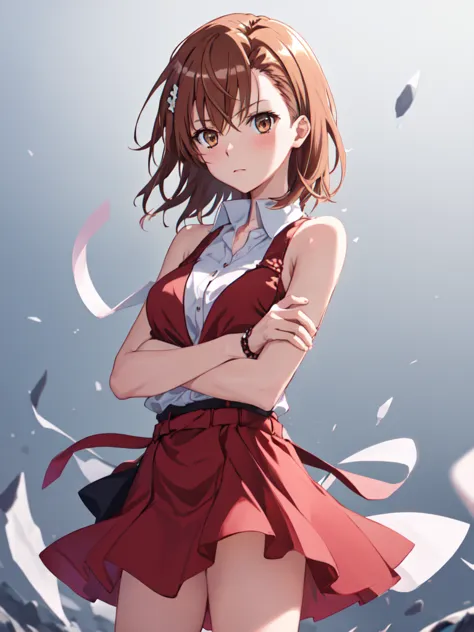 (safe:1.10), best quality, masterpiece, highres, solo, (misaka_mikoto_bluearchive:1.10), crossed arms, cowboy shot, looking at v...