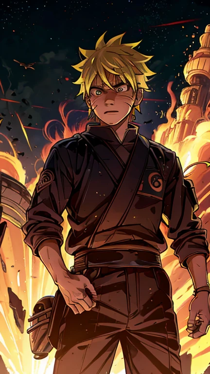 (Teens:1boy: uzumaki naruto,Star Wars), (extremely detailed CG unit 8k wallpaper),(master part), (best quality), (ultra detali), (best illustration),(melhor ombre), cowboy shot, (Sharp eyeliner, ombre, detailedeyes:1), Konoha Village background, ,break , (star15escola:1.2), hair ornament,short Bun hair ,yellow hair,