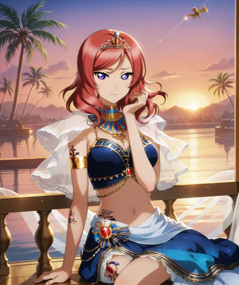 masterpiece, best quality,solo, floating hair,nishikino maki,red medium hair, detailed eyes,purple eyes, light blue dress, nile ...