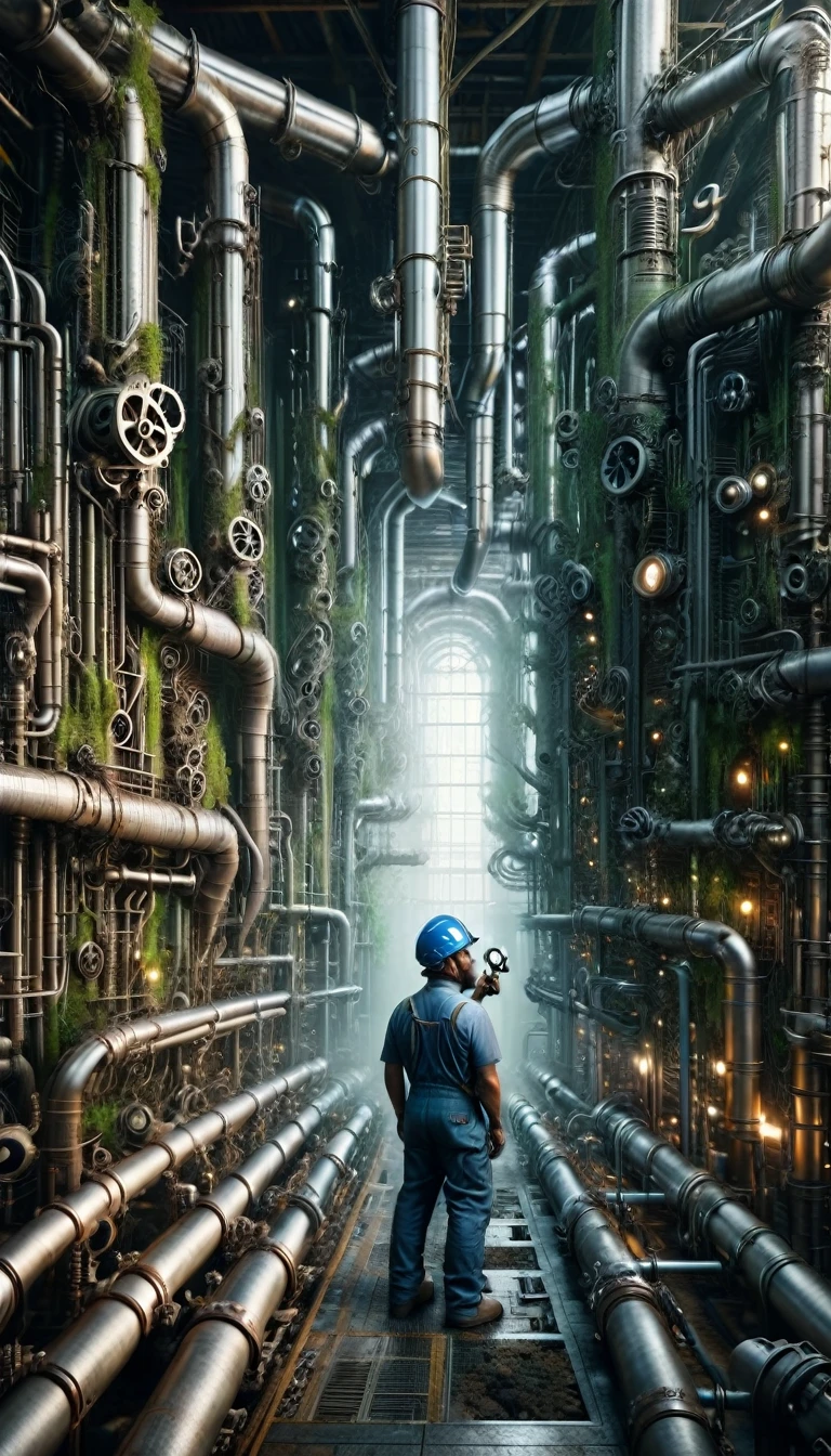 pipe jungle, industrial pipes, architecture made up of pipes and valves, tubular creature, vertical wallpaper, Huge maze of pipes spread highly inside the factory, steam blowing out, A worker holding a wrench is looking up, POV, in the glow of soft, ambient light