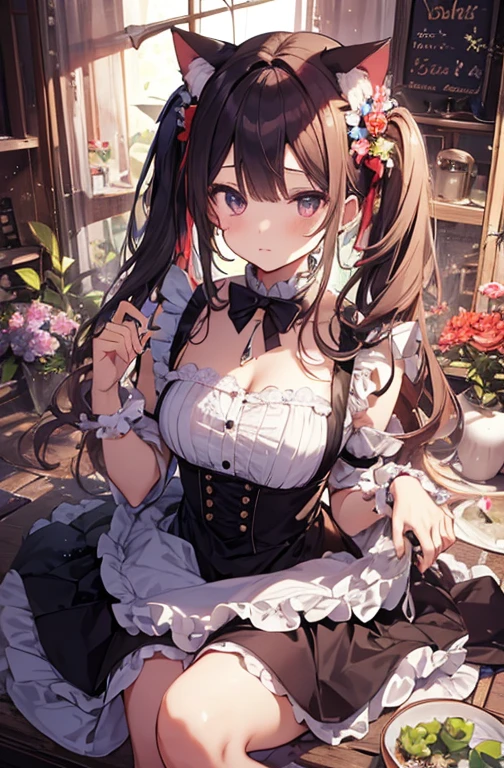 Private Maid, Twin tails, Very long hair, Cat ear, Maid&#39;s Headdress, Hair Clip, Cleavage, Huge breasts, Neck bell, bow, Maid Apron, White gloves, elbow gloves, Garter Straps, White knee socks,(Upper Body:1.3),Open your mouth, Embarrassing ,blush,(Spread your legs:1.3),(Lift your legs),masterpiece,Noise Reduction,Perfect Anatomy,High resolution, Very detailed,Game CG,Dutch Angle ,Beautiful attention to detail,Visual Arts,Five Fingers, Perfect hands, Perfect lighting,