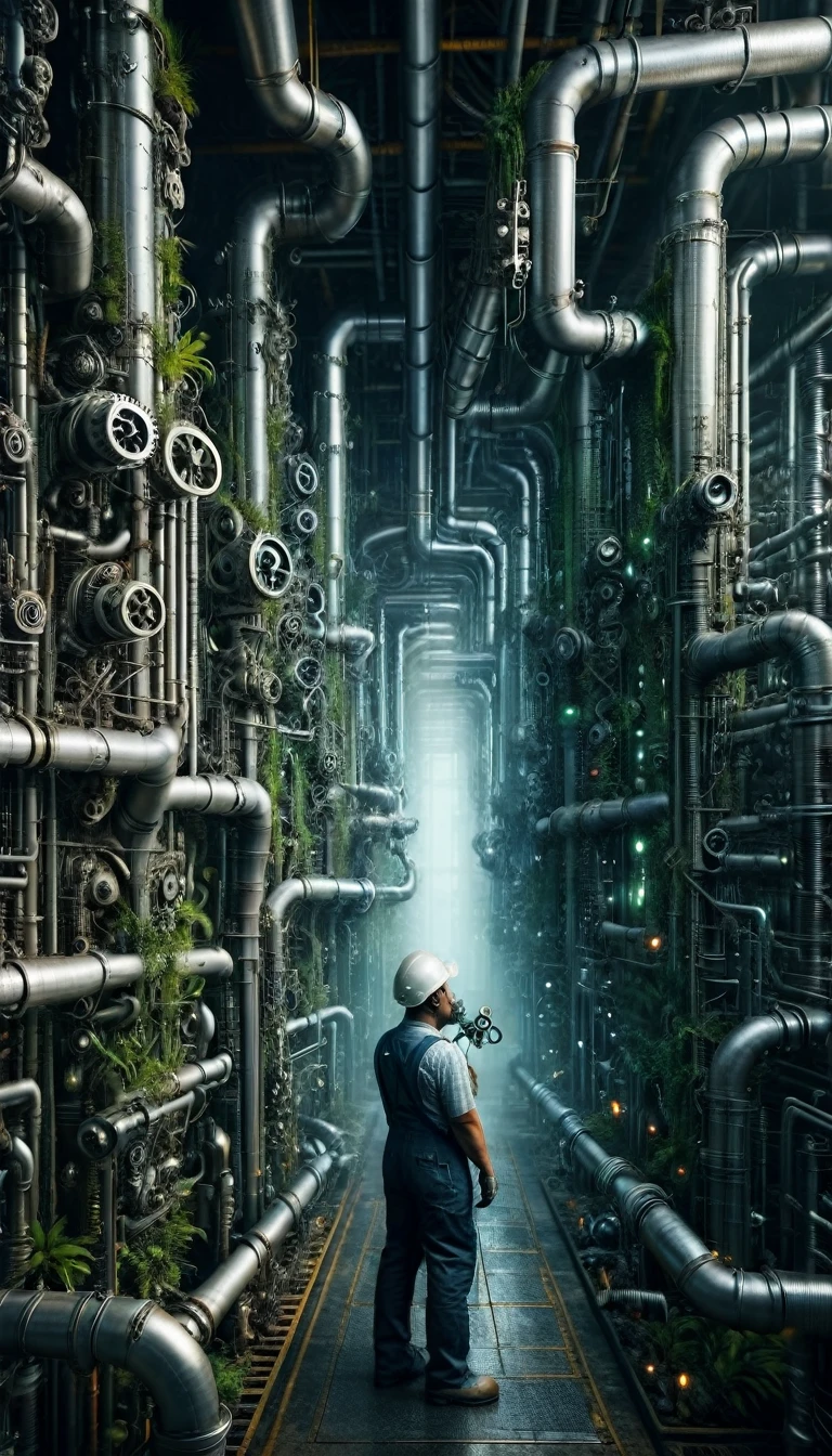 pipe jungle, industrial pipes, architecture made up of pipes and valves, tubular creature, vertical wallpaper, Huge maze of pipes spread highly inside the factory, steam blowing out, A worker holding a wrench is looking up, POV, in the glow of soft, ambient light