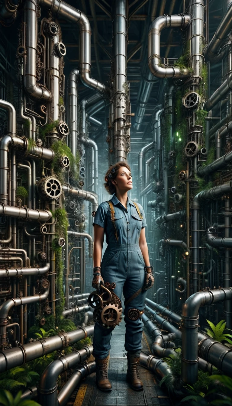 pipe jungle, industrial pipes, architecture made up of pipes and valves, tubular creature, vertical wallpaper, Huge maze of pipes spread highly inside the factory, steam blowing out, A female worker holding a wrench is looking up, POV, in the glow of soft, ambient light