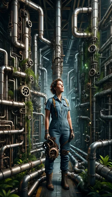 pipe jungle, industrial pipes, architecture made up of pipes and valves, tubular creature, vertical wallpaper, huge maze of pipe...