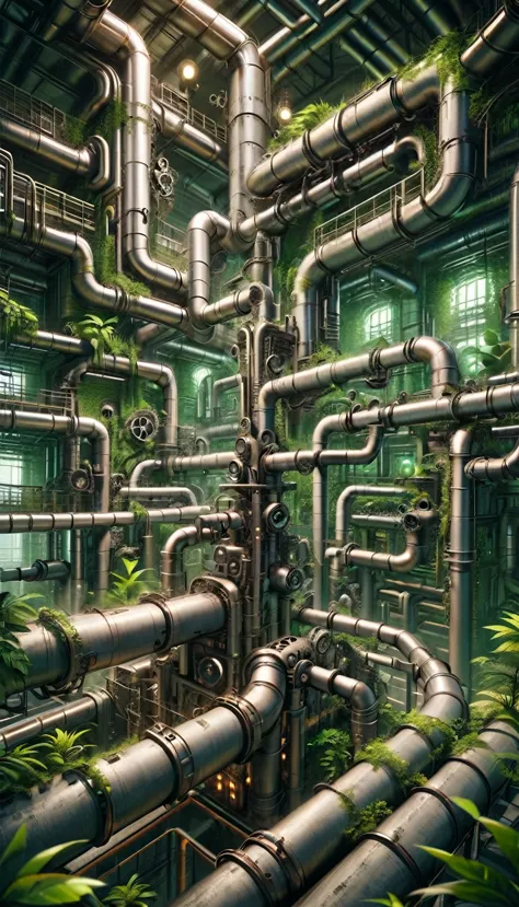 pipe jungle, industrial pipes, architecture made up of pipes and valves, tubular creature, vertical wallpaper, huge maze of pipe...