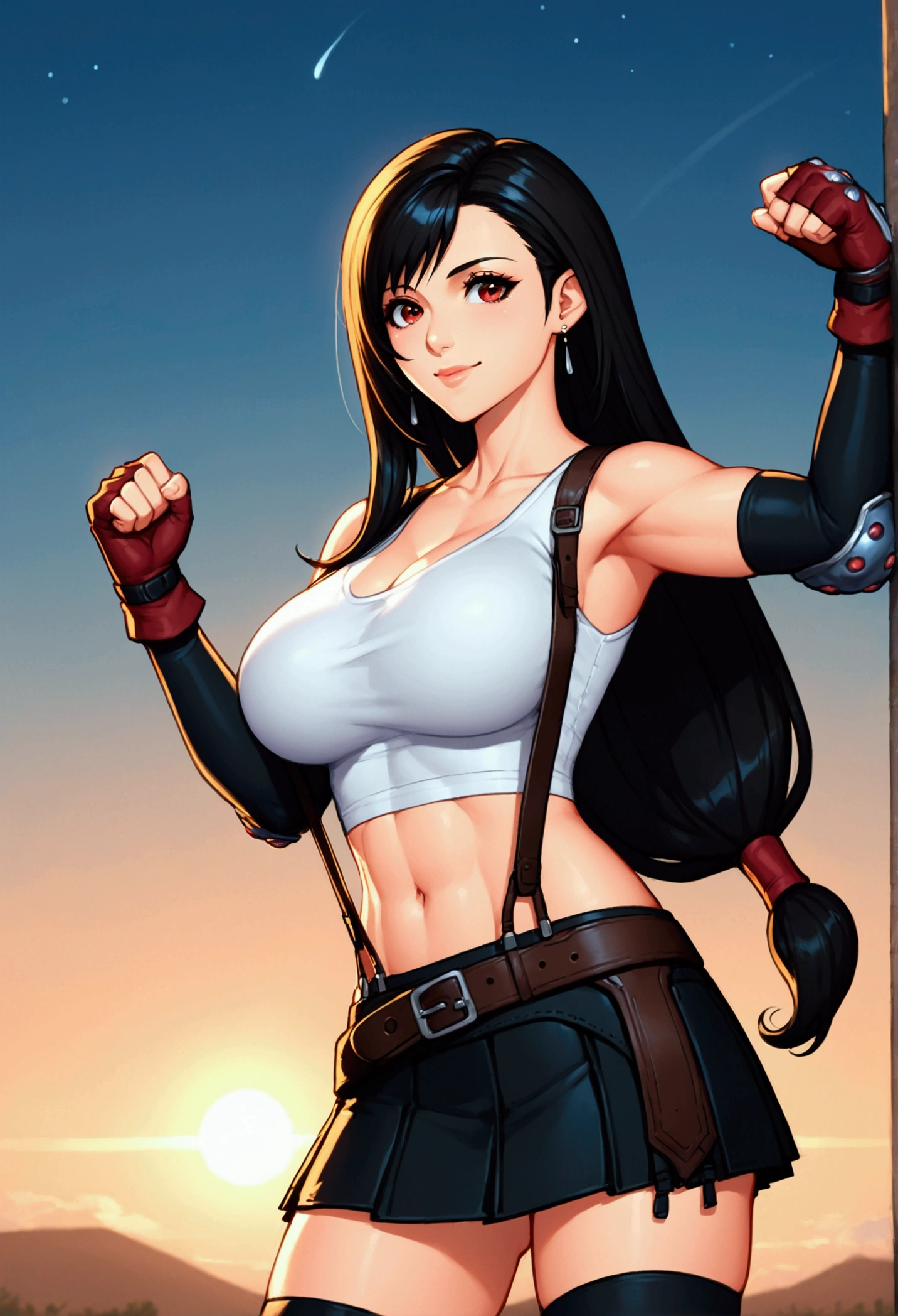 (score_9,score_8_up,score_7_up), masterpiece, best quality, 
newest, recent, perfect anatomy,
official art, best perspective, depth of field,,
very aesthetic, illustration,,(Guts pose:1.2),(side pose),dynamicangle ,(upperbody) ,Solo,1girl, tifa lockhart, final fantasy,black hair, low-tied long hair, red eyes, bangs, (white tank top,gap),High exposure，Belly exposure，the ribs，(belt, pleated skirt, thighhighs, elbow fingerless gloves, elbow pads, midriff, navel,suspenders.skirt),beautiful waist ,(large_breast:1.3),light smile,,,outdoor,star sky,night, 　　