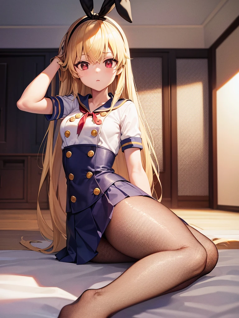 (masterpiece, best quality, highly detailed, ultra detailed, high resolution, absurdres, 4K, 8K:1.2), 
BREAK,shimakaze uniform:1.5, 10 years GIRL,Blonde_HAIR,RED eyes,(RED Ribbon on HAIRband:1.2)