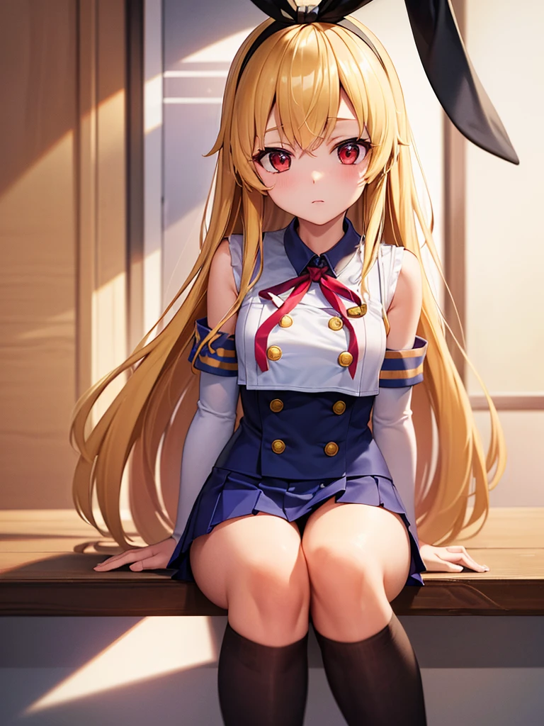 (masterpiece, best quality, highly detailed, ultra detailed, high resolution, absurdres, 4K, 8K:1.2), 
BREAK,shimakaze uniform:1.5, 10 years GIRL,Blonde_HAIR,RED eyes,(RED Ribbon on HAIRband:1.2)