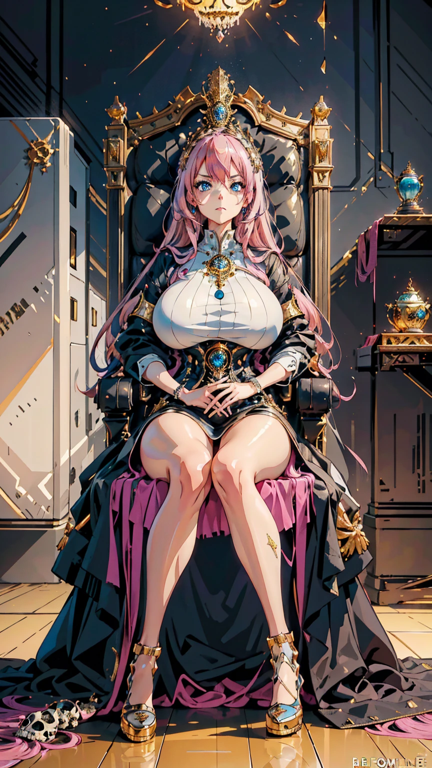 1 confident woman with floor-length pink hair, huge and big breasts, Futuristic royal costume in white with black and gold details, tall woman, blue detailed eyes, sitting on throne of skulls , judgmental look, golden metal skulls, sovereign pose, cyberpunk queen
