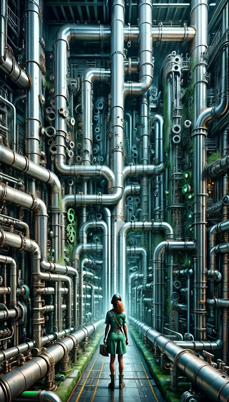 pipe jungle, industrial pipes, architecture made up of pipes and valves, tubular creature, vertical wallpaper, Huge maze of pipes spread highly inside the factory, steam blowing out, A female worker holding toolbox is looking up, POV, in the glow of soft, cinematic light