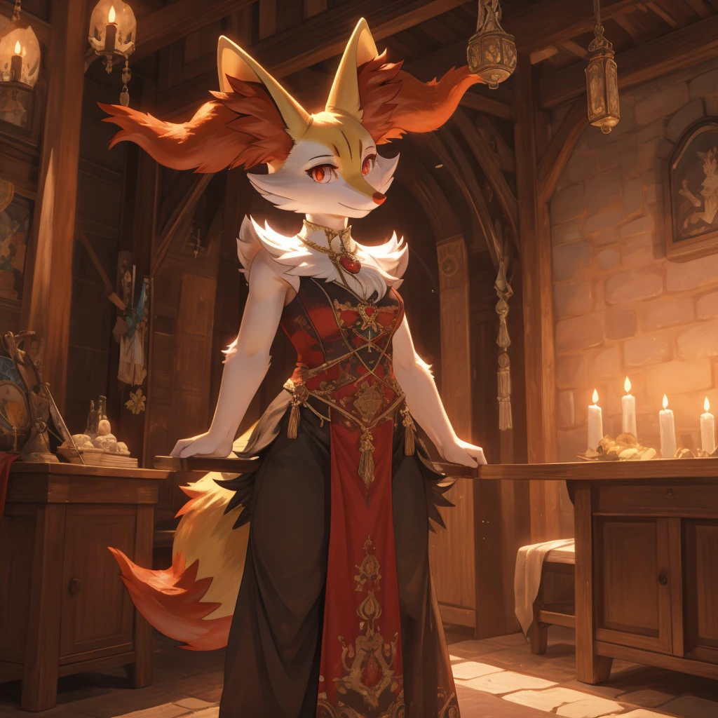 Pokémon, a female braixen, solo, breasts, ruby eyes, standing, bedchambers, Fancy dress, medieval setting, smiling, daytime