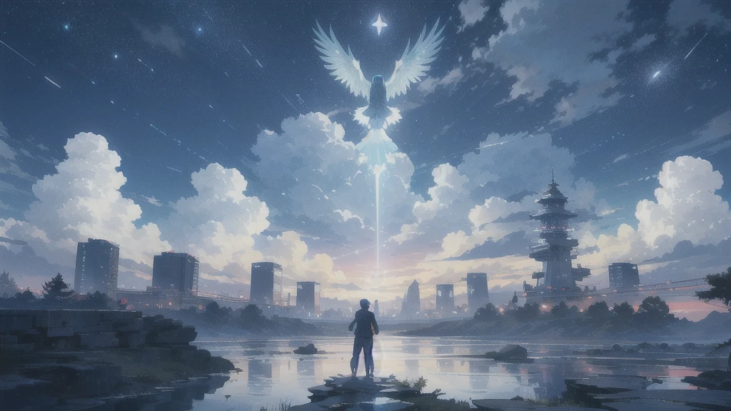 真っ暗なnight空,Octane, star (null), scenery, Blue parakeet,star, night, A girl and a boy  back to back, sit,Back view,Outdoor, city,Blue parakeet,building, cloud, 天のriver,silhouette