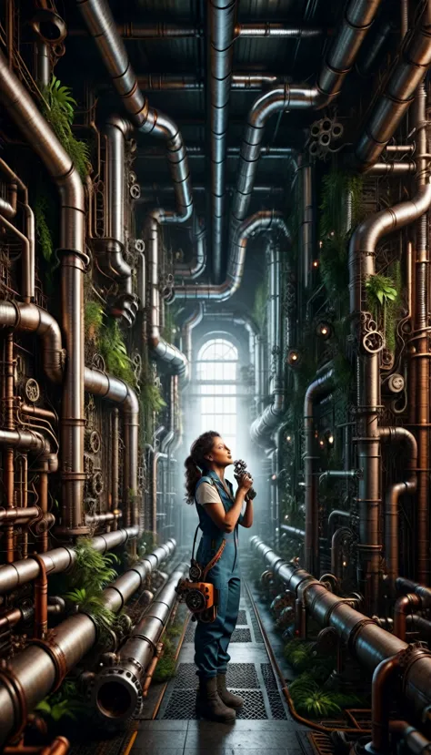 pipe jungle, industrial pipes, architecture made up of pipes and valves, tubular creature, vertical wallpaper, huge maze of pipe...